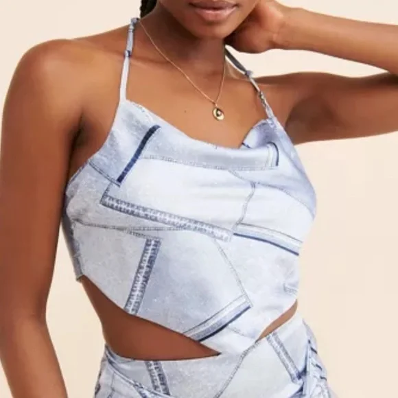 4th + Reckless Denim Print Cowl Neck Silk Top - Size S - Picture 3 of 6